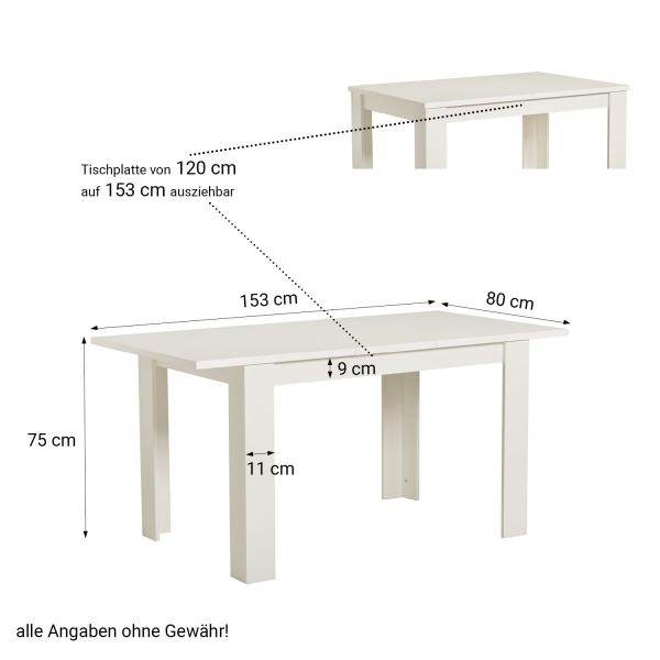 Esstisch ausziehbar Holztisch 120x80 cm Holz Massiv Weiss