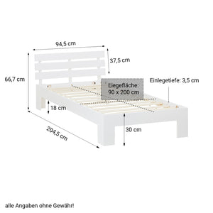Holzbett 90x200 cm Weiss | Einzelbett | mit Lattenrost | massiv | Kind Jugend Gast