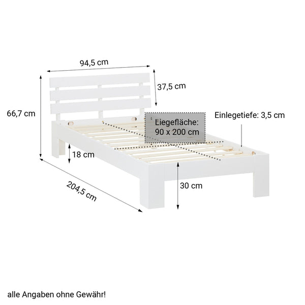 Holzbett 90x200 cm Weiss | Einzelbett | mit Lattenrost | massiv | Kind Jugend Gast