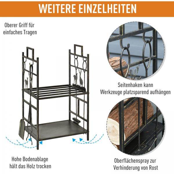 Kaminholzständer Kaminbesteck Brennholzregal Feuerholzablage Kaminwerkzeug Eisen Gold