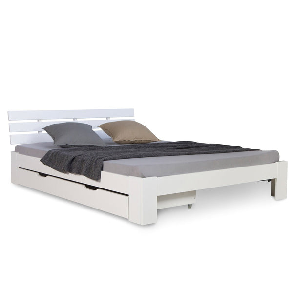 Holzbett 140x200 cm Weiss Doppelbett mit Bettkasten mit Lattenrost massiv Kind Jugend Gast
