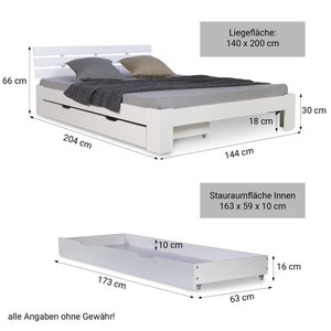 Holzbett 140x200 cm Weiss Doppelbett mit Bettkasten mit Lattenrost massiv Kind Jugend Gast