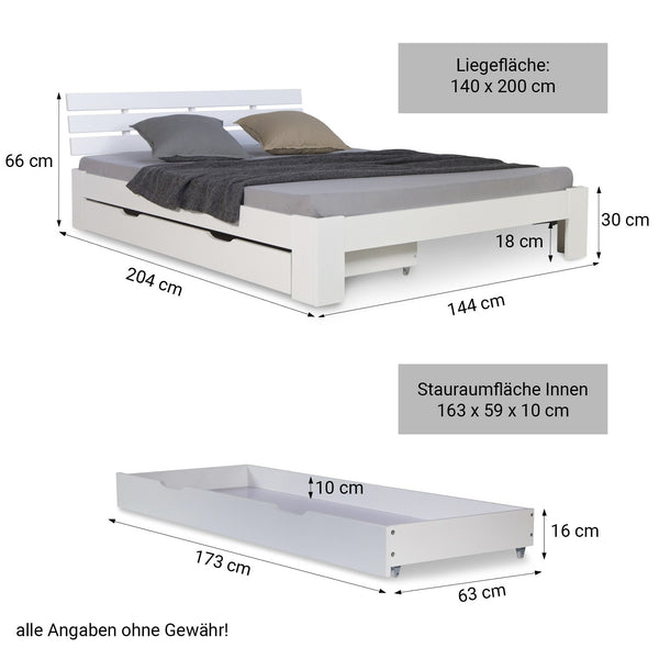 Holzbett 140x200 cm Weiss Doppelbett mit Bettkasten mit Lattenrost massiv Kind Jugend Gast