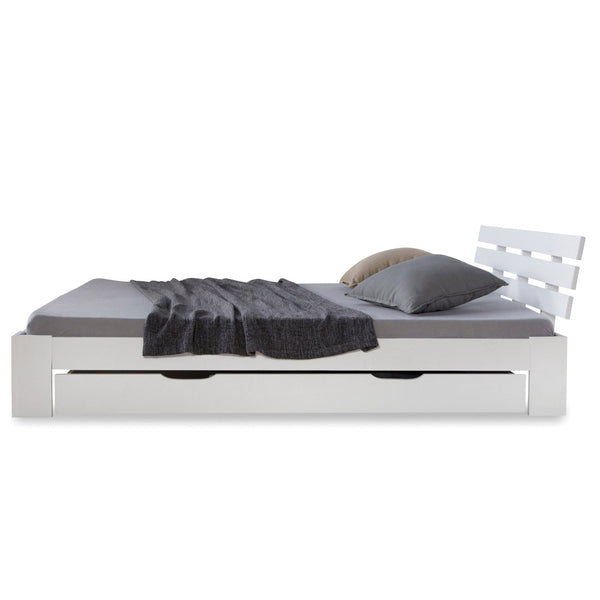 Holzbett 140x200 cm Weiss Doppelbett mit Bettkasten mit Lattenrost massiv Kind Jugend Gast