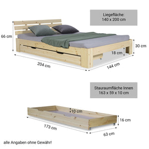 Holzbett 140x200 cm Natur | Doppelbett mit Bettkasten | mit Lattenrost | massiv | Kind Jugend Gast