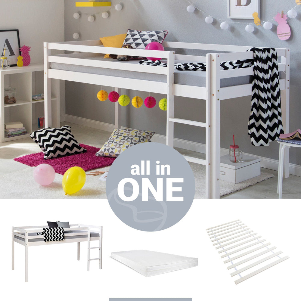 Hochbett mit Matratze Lattenrost 90x200 cm Kinderbett Weiss Massiv Stockbett