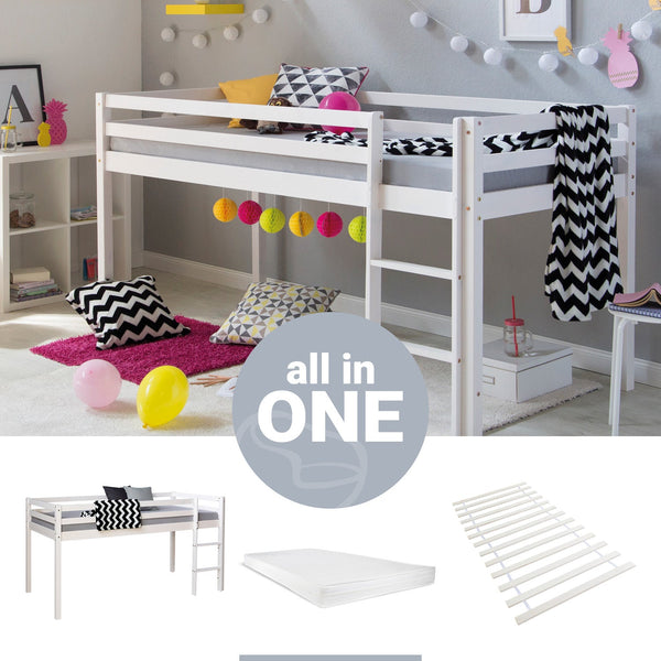 Kinderbett 90x200 Weiss | Bodenbett mit Lattenrost | mit Rausfallschutz | Montessori