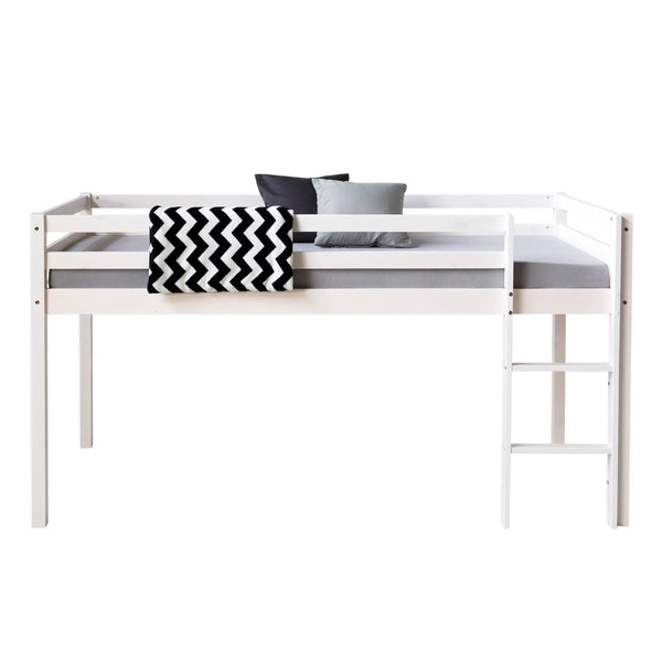 Hochbett mit Matratze Lattenrost 90x200 cm Kinderbett Weiss Massiv Stockbett