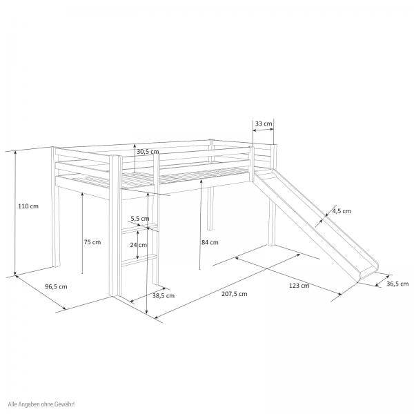 Hochbett mit Matratze Lattenrost Rutsche 90x200 cm Kinderbett Grau Massiv Spielbett Stockbett