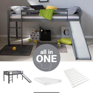 Hochbett mit Matratze Lattenrost Rutsche 90x200 cm Kinderbett Grau Massiv Spielbett Stockbett