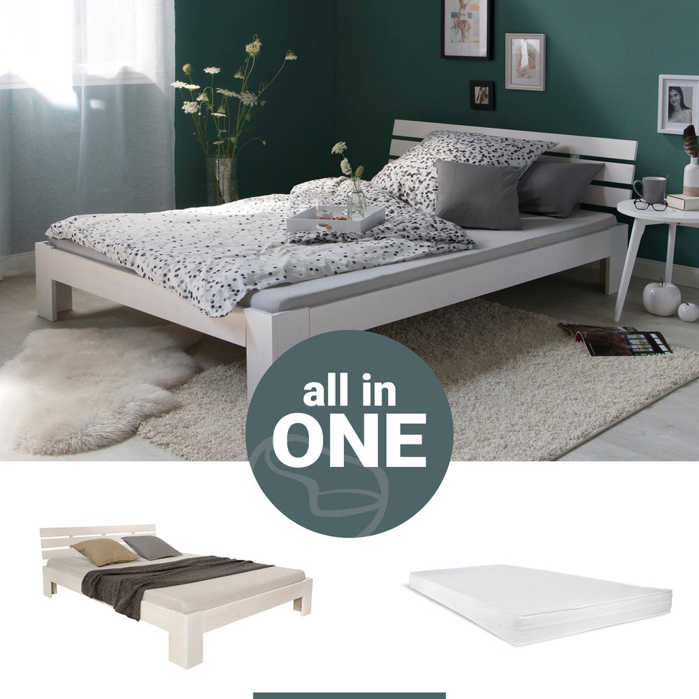 Doppelbett mit Matratze und Lattenrost 120x200 Bett Weiss Kiefer Massiv Holzbett