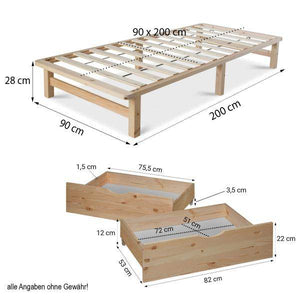 Palettenbett 90x200 cm mit Bettkasten 2er Set Lattenrost Holzbett Natur