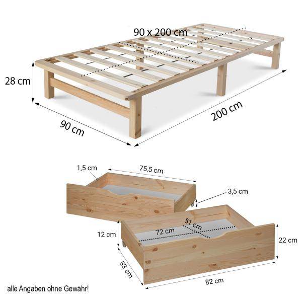 Palettenbett 90x200 cm mit Bettkasten 2er Set Lattenrost Holzbett Natur