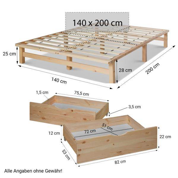 Palettenbett 140x200 cm mit Bettkasten 2er Set Lattenrost Holzbett Natur