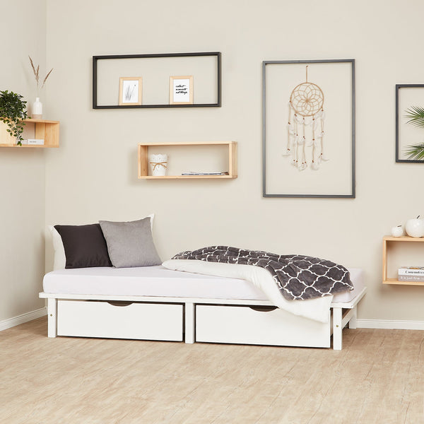 Palettenbett 90x200 cm Weiss | Einzelbett mit Bettkästen | mit Lattenrost | Holz | Kind Jugend Gast