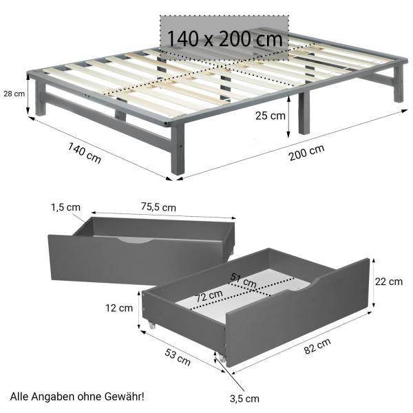 Palettenbett 140x200 cm mit Bettkasten 2er Set Lattenrost Holzbett