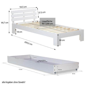 Einzelbett mit Bettkasten 90x200 Holzbett Futonbett Weiss Kiefer Massivholz