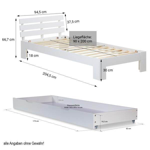 Einzelbett mit Bettkasten 90x200 Holzbett Futonbett Weiss Kiefer Massivholz