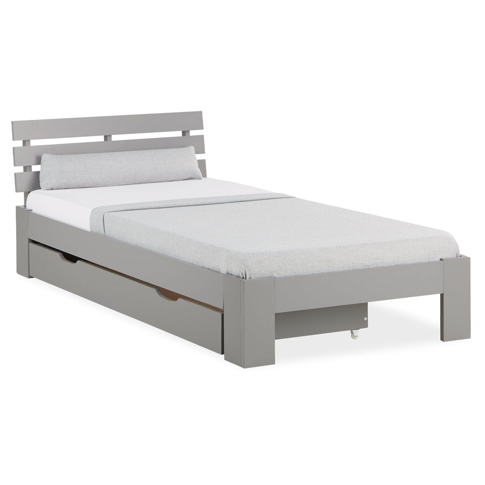 Holzbett 90x200 cm Grau | Einzelbett mit Bettkasten | mit Lattenrost | massiv | Kind Jugend Gast