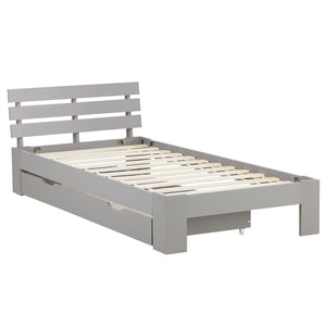 Holzbett 90x200 cm Grau | Einzelbett mit Bettkasten | mit Lattenrost | massiv | Kind Jugend Gast
