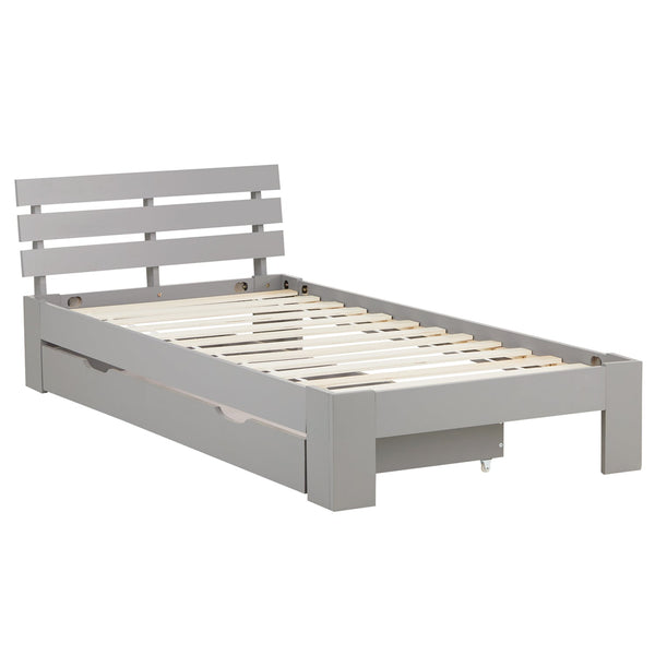 Holzbett 90x200 cm Grau | Einzelbett mit Bettkasten | mit Lattenrost | massiv | Kind Jugend Gast
