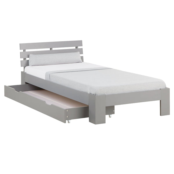 Holzbett 90x200 cm Grau | Einzelbett mit Bettkasten | mit Lattenrost | massiv | Kind Jugend Gast