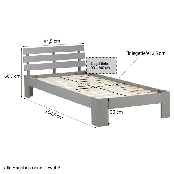 Holzbett 90x200 cm Grau | Einzelbett mit Bettkasten | mit Lattenrost | massiv | Kind Jugend Gast