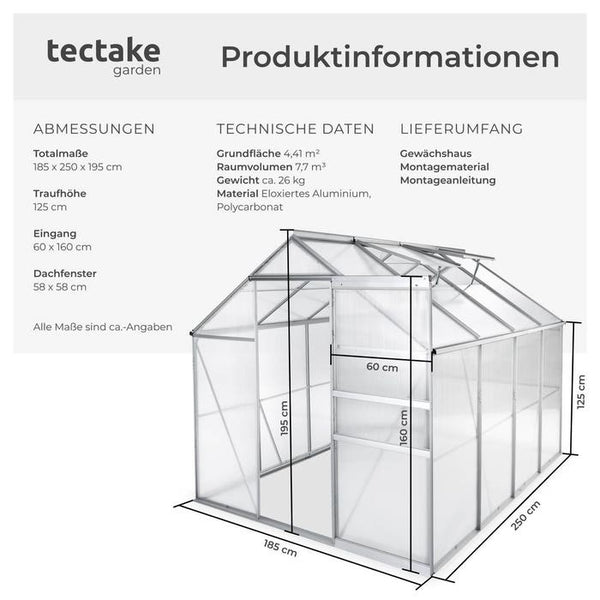Gewächshaus ohne Fundament 250 x 185 x 195 cm