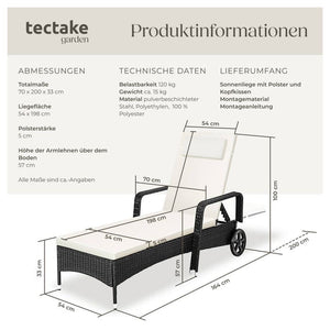 Sonnenliege Rattan mit Rollen schwarz/beige