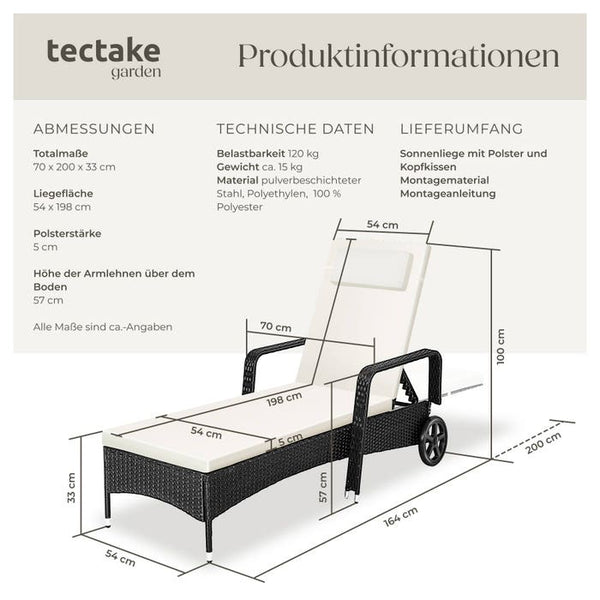 Sonnenliege Rattan mit Rollen schwarz/beige