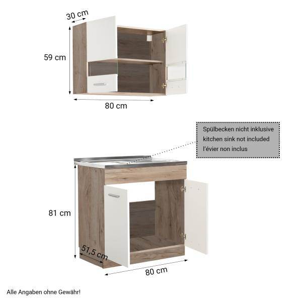 Küche Weiss Küchenzeile ohne Geräte Einbauküche Singleküche Küchenschränke 80 cm Eiche Grau