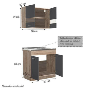 Küchenzeile ohne Geräte Einbauküche Singleküche Küchenschränke 80 cm Eiche Grau