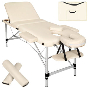 3 Zonen Massageliege mit 5cm Polsterung, Rollen und Aluminiumgestell beige