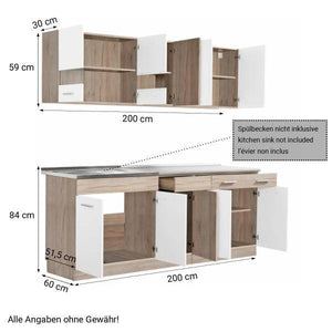 Küchenzeile ohne Geräte Einbauküche Singleküche Küchenschränke 200 cm Eiche Weiss