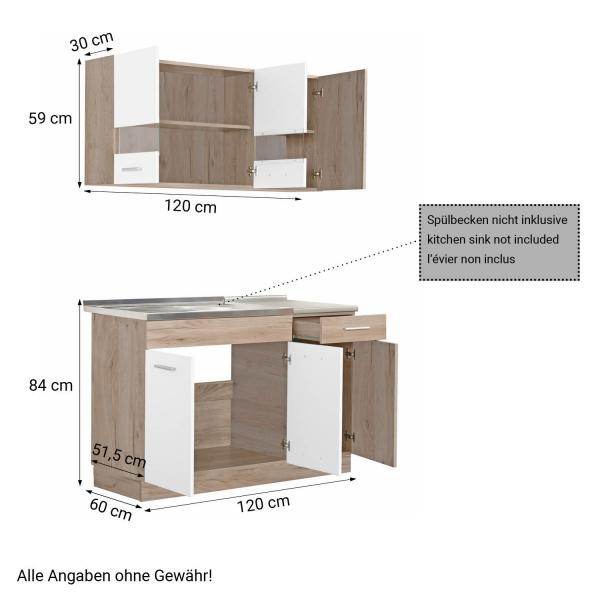 Küchenzeile ohne Geräte Einbauküche Singleküche Küchenschränke 120 cm Eiche Weiss