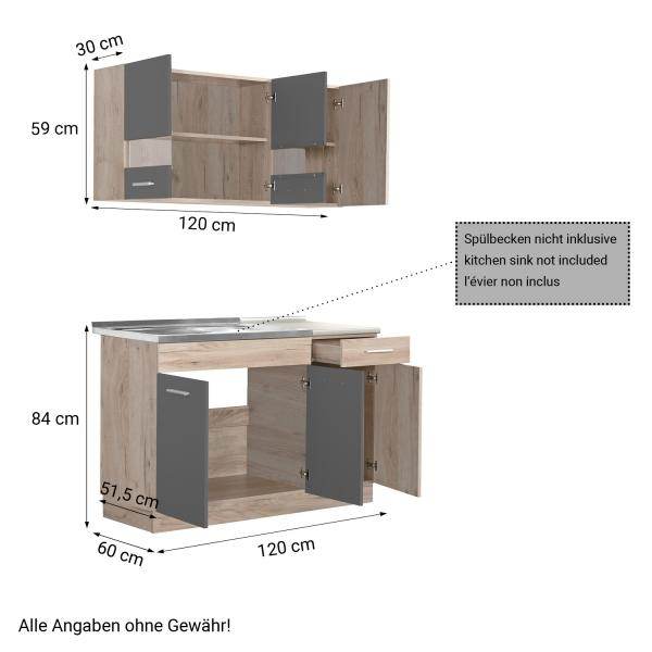 Küchenzeile ohne Geräte Einbauküche Singleküche Küchenschränke 120 cm Eiche Grau