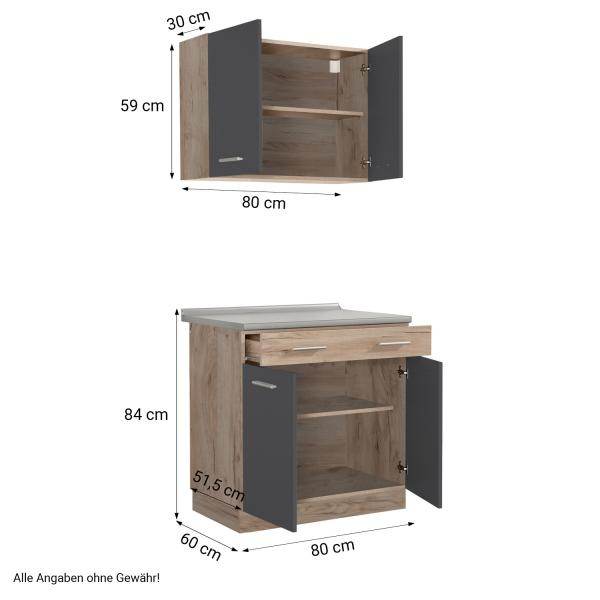 Küche Eiche Grau Küchenzeile ohne Geräte Einbauküche Singleküche Küchenschränke 80 cm