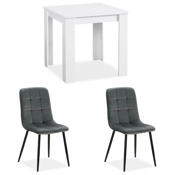 Essgruppe mit 2 Stühlen Esstisch Weiss 80x80 cm Esszimmertisch Holz Massiv Polsterstühle Samt Grau