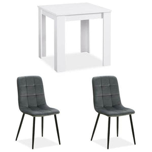 Essgruppe mit 2 Stühlen Esstisch Weiss 80x80 cm Esszimmertisch Holz Massiv Polsterstühle Samt Grau