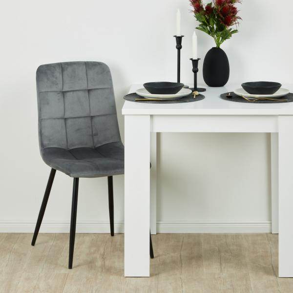 Essgruppe mit 2 Stühlen Esstisch Weiss 80x80 cm Esszimmertisch Holz Massiv Polsterstühle Samt Grau