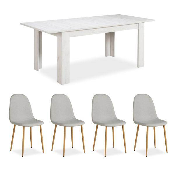 Essgruppe mit 4 Stühlen Esstisch Esszimmertisch Weiss Vintage Holztisch Massiv Polsterstühle Grau