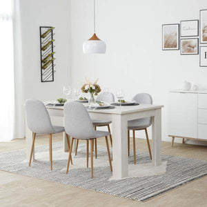Essgruppe mit 4 Stühlen Esstisch Esszimmertisch Weiss Vintage Holztisch Massiv Polsterstühle Grau