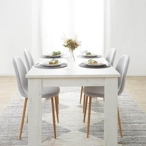 Essgruppe mit 4 Stühlen Esstisch Esszimmertisch Weiss Vintage Holztisch Massiv Polsterstühle Grau