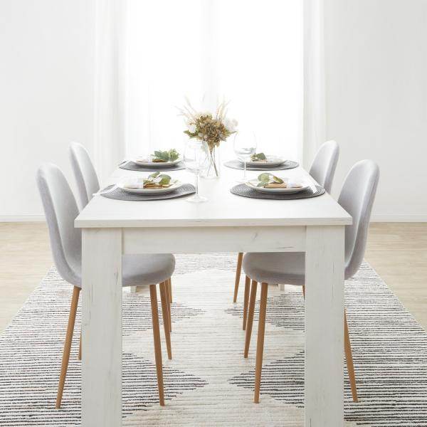 Essgruppe mit 4 Stühlen Esstisch Esszimmertisch Weiss Vintage Holztisch Massiv Polsterstühle Grau