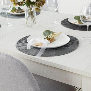 Essgruppe mit 4 Stühlen Esstisch Esszimmertisch Weiss Vintage Holztisch Massiv Polsterstühle Grau