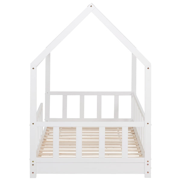 Kinderbett 90x200 cm Weiss | Hausbett mit Rausfallschutz | Montessori | Einzelbett | mit Lattenrost | Holz