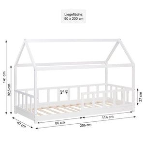 Kinderbett 90x200 cm Weiss | Hausbett mit Rausfallschutz | Montessori | Einzelbett | mit Lattenrost | Holz