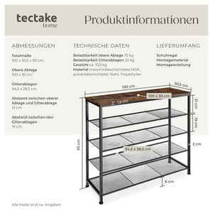 Schuhregal Sheffield 4 Etagen Industrial Holz dunkel, rustikal