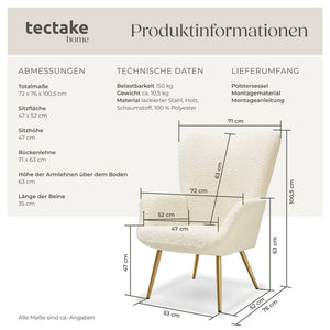 Sessel Hygge gepolstert, ergonomisch, Belastbarkeit 150 kg Bouclé creme/gold ohne Hocker