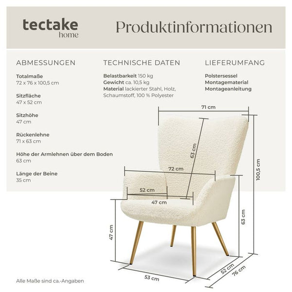 Sessel Hygge gepolstert, ergonomisch, Belastbarkeit 150 kg Bouclé creme/gold ohne Hocker
